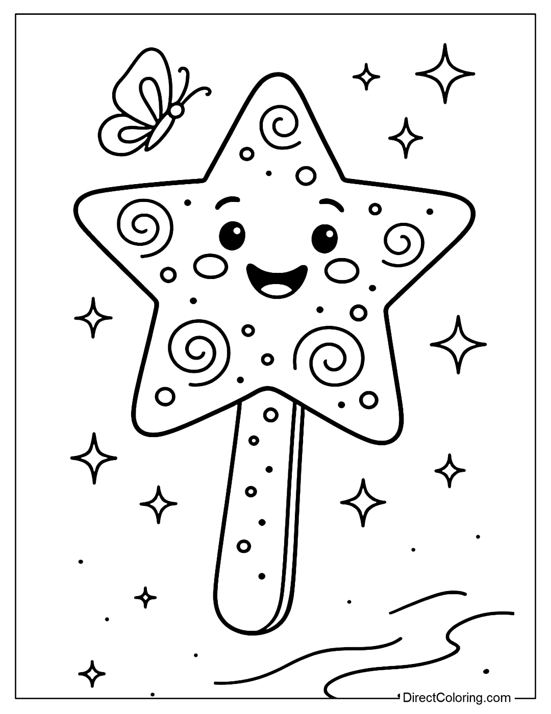 Coloring page of a star-shaped popsicle, covered with swirls and dots like candy.